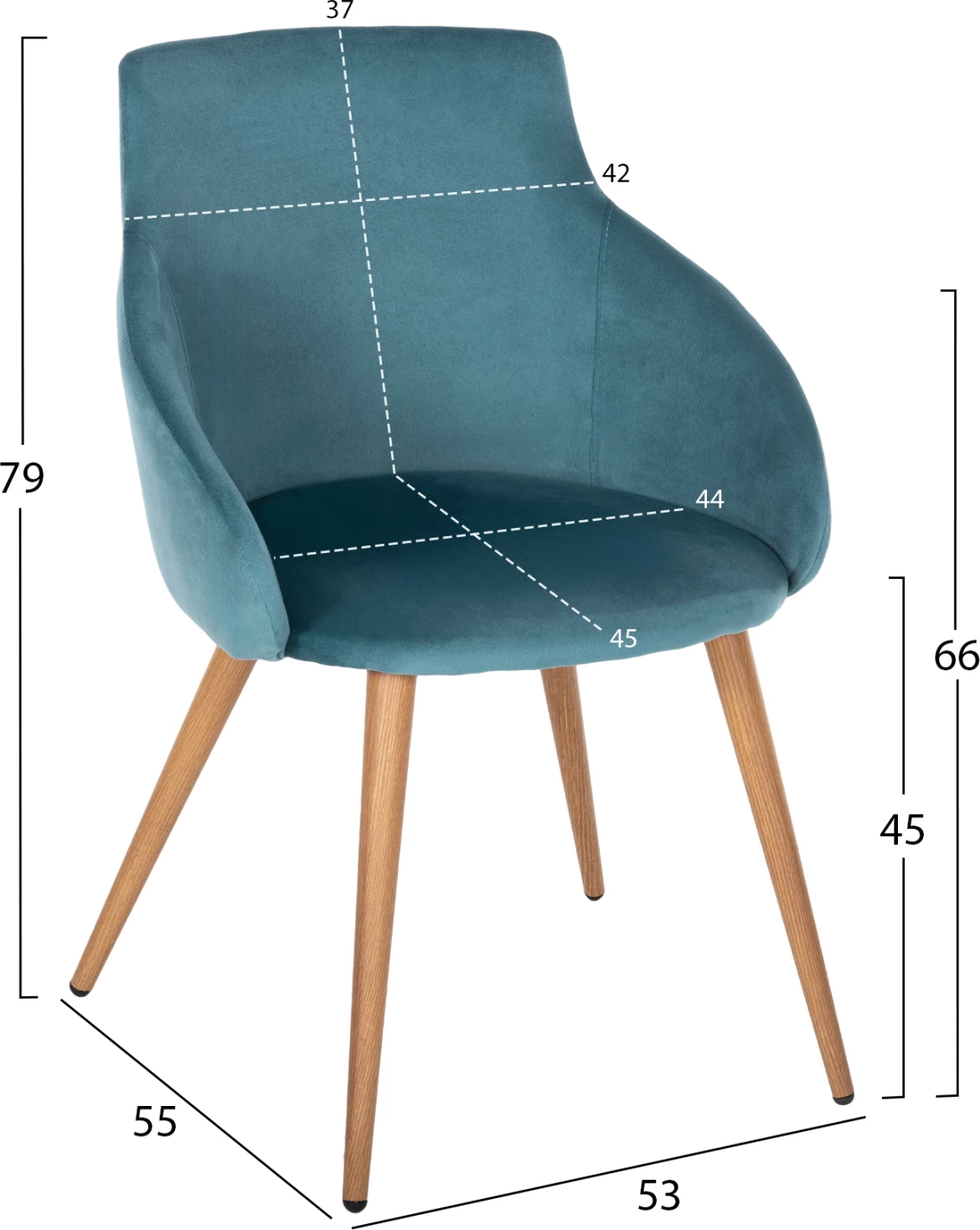 Jedilniški naslanjač IVY FH8546.05 iz turkiznega žameta in kovinskimi nogami v naravni barvi lesa 53x55x79Hcm, set 2 kosov