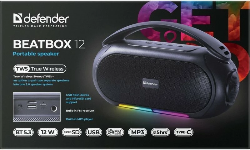 Prenosni zvočnik BEATBOX 12, Defender, Bluetooth, 16W, LED, črn