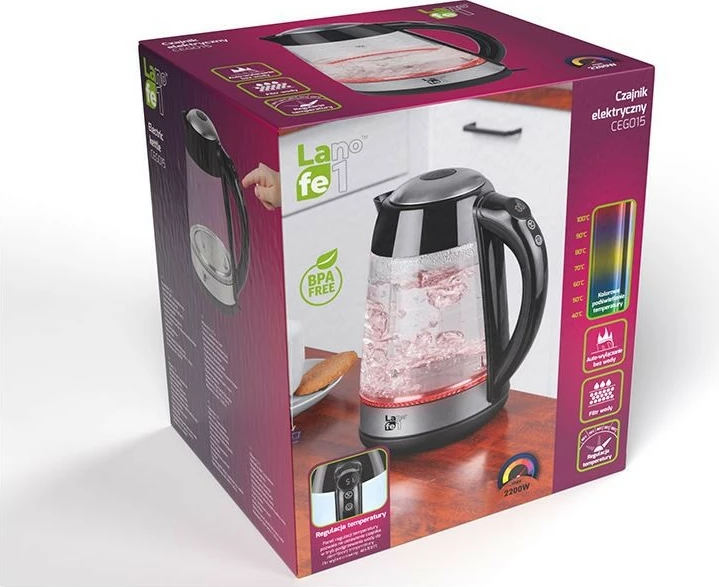 Električni ibrik, Lafe CEG015, 1,7 L, 2200 W, steklo/črn/nerjaveče jeklo