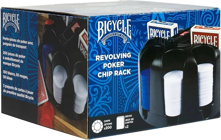 Set poker čipov z vrtljivim stojalom, Bicycle, 200 kosov, plastika, modra/rdeča/bela