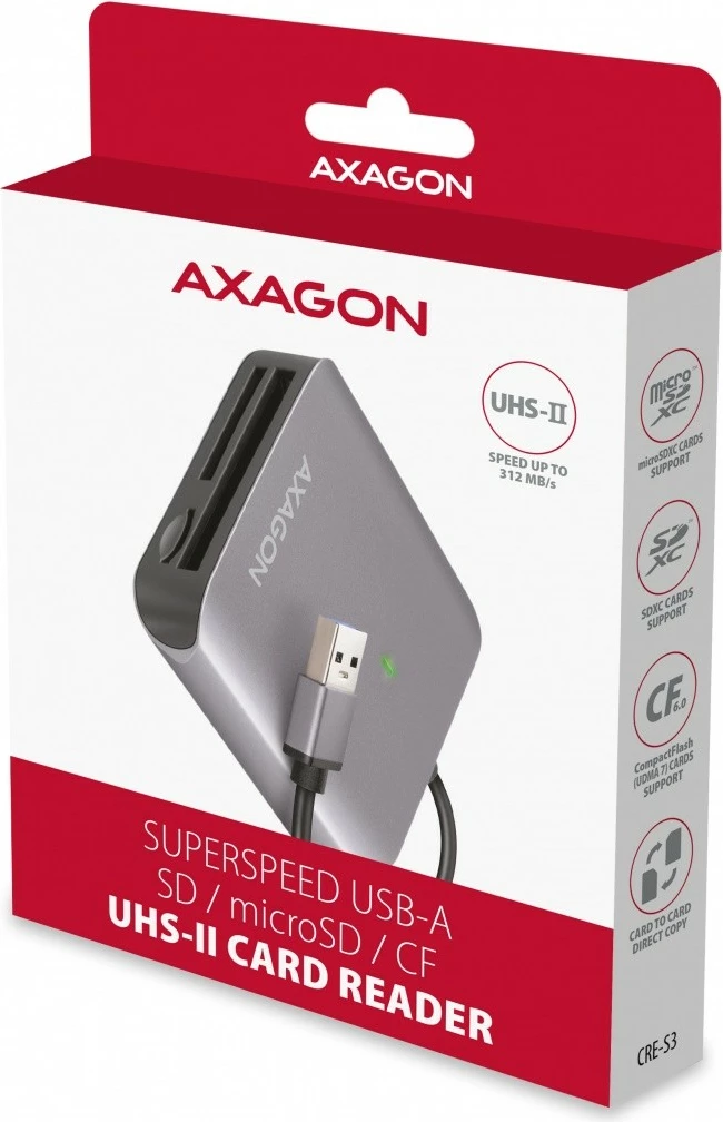 Kompakten bralnik kartic AXAGON CRE-S3, USB-A, 3 reže, USB 3.2 Gen 1, siv Kompakten bralnik kartic AXAGON CRE-S3, USB-A, 3 reže, USB 3.2 Gen 1, siv