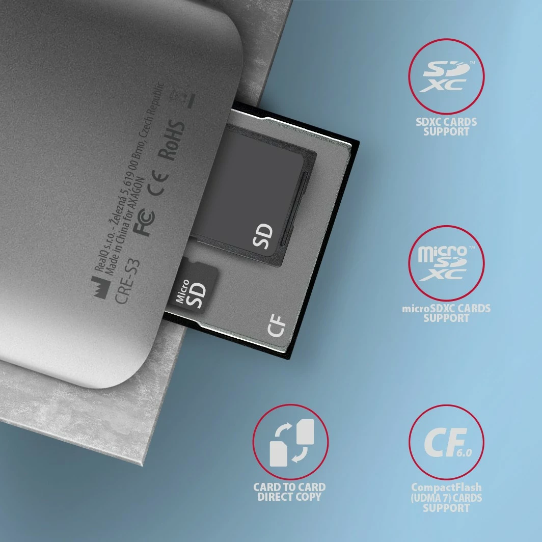 Kompakten bralnik kartic AXAGON CRE-S3, USB-A, 3 reže, USB 3.2 Gen 1, siv Kompakten bralnik kartic AXAGON CRE-S3, USB-A, 3 reže, USB 3.2 Gen 1, siv