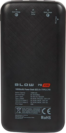 Prenosna baterija BLOW PB10B 10000 mAh, 20 W, črna