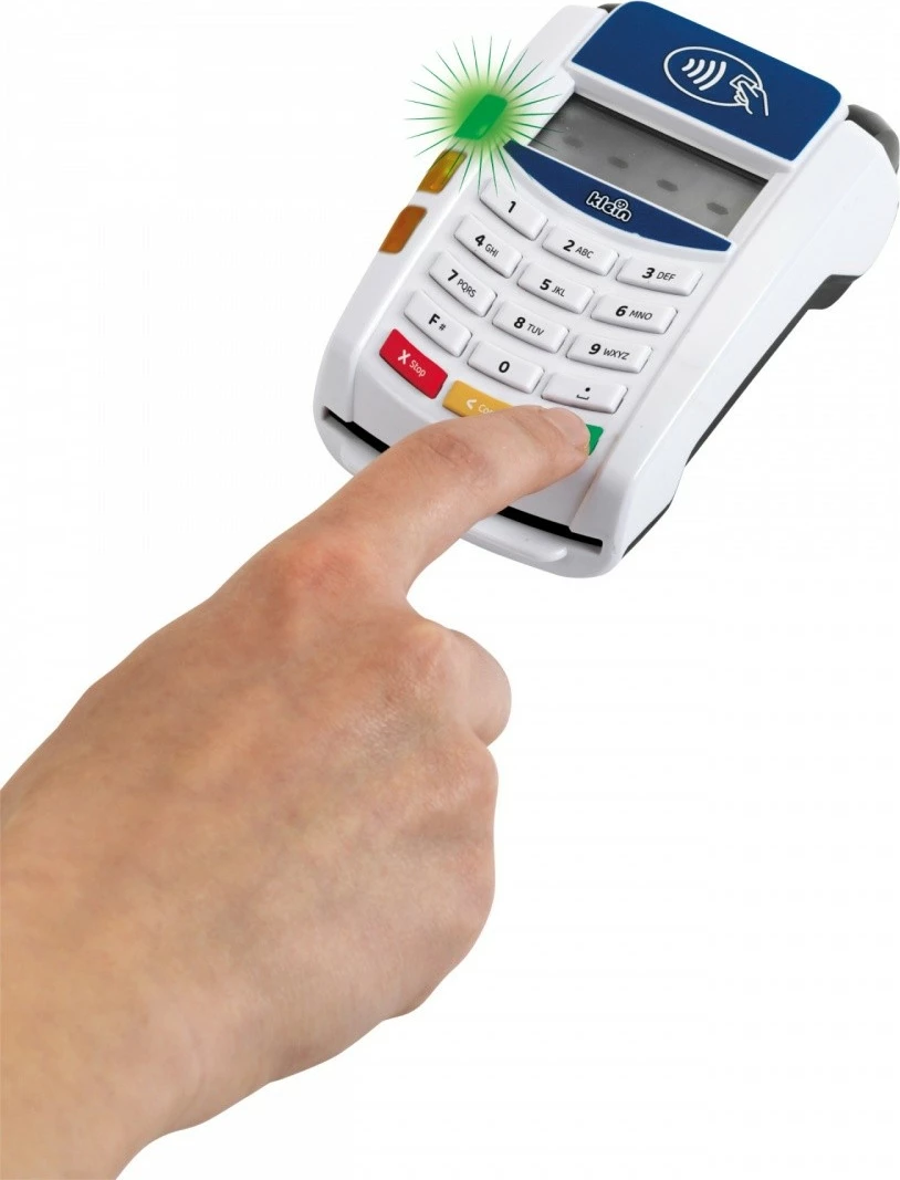 Igračni plačilni terminal Klein 7266, plastika, bel, z igričarsko kreditno kartico in računi