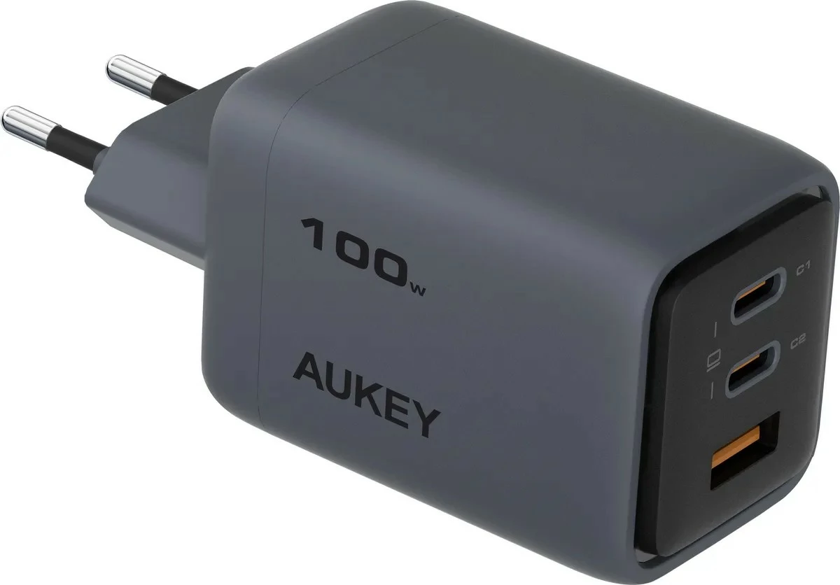 Ultra kompakten 100W zidni polnilec AUKEY PA-C5 Comet Mix 3, 3xUSB (2xUSB-C, 1xUSB-A), siv