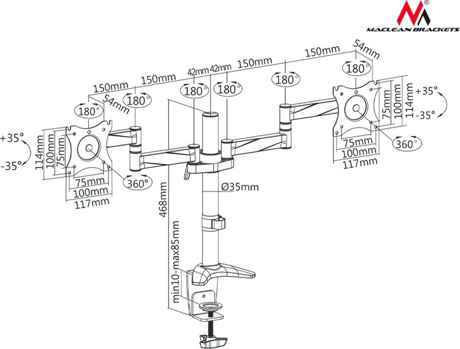 Namizni nosilec za dva monitorja, Maclean MC-714, 13–27", alumin, črno/srebrn