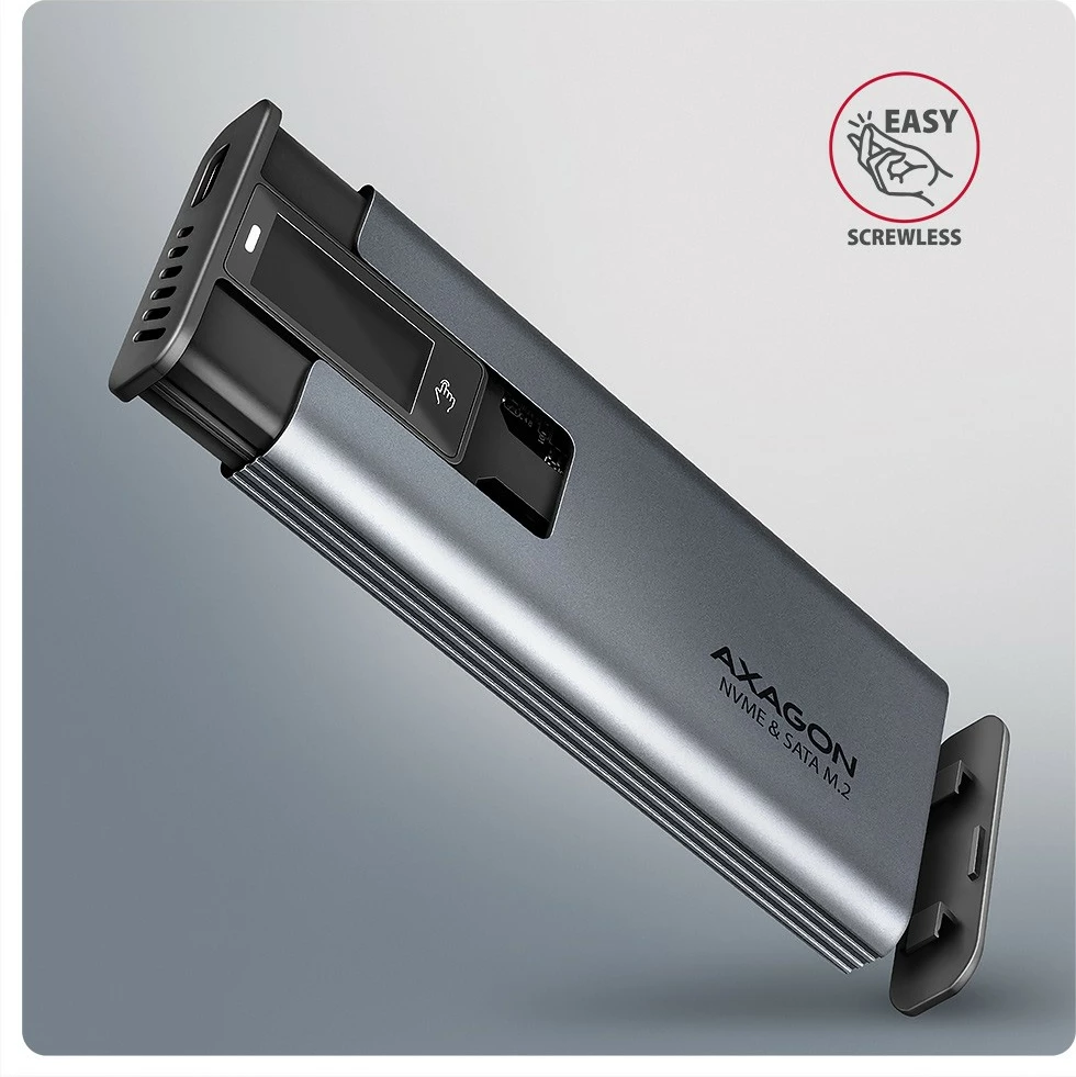 Zunanje računalniško ohišje za SSD AXAGON EEM2-SD2, M.2 NVMe/SATA, USB-A/C 3.2 Gen2, LCD zaslon, sivo Zunanje računalniško ohišje za SSD AXAGON EEM2-SD2, M.2 NVMe/SATA, USB-A/C 3.2 Gen2, LCD zaslon, sivo