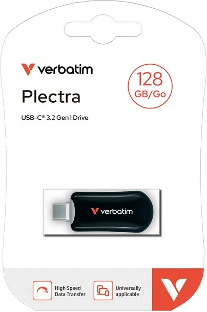USB ključek USB-C Verbatim Plectra DHVE30225PLG, 128 GB, USB 3.2 Gen 1 do 100 MB/s branje, 25 MB/s zapis, črn