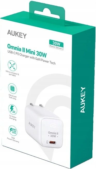 Stenski polnilec 30 W, 1x USB-C, bel AUKEY Omnia II Mini PA-B1L