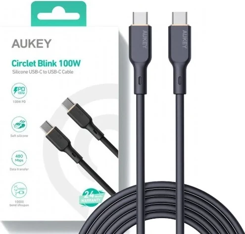Kabel USB-C za polnjenje in prenos podatkov, PD 100W 5A, 1 m, silikon, črn AUKEY CB-SCC101