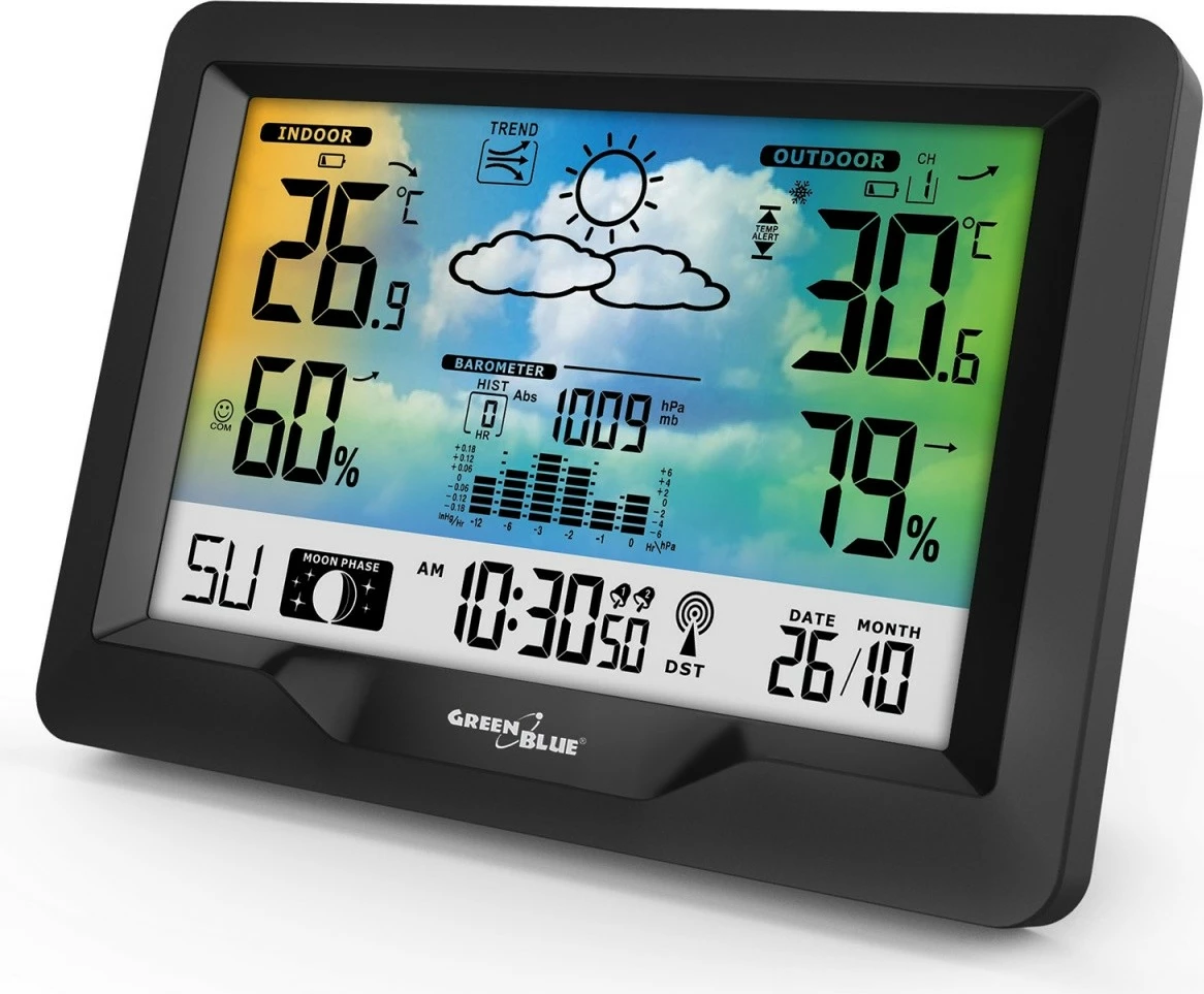 Brezžavna vremenska postaja z indikatorjem udobja GreenBlue GB540N, meritev vlažnosti, lunine faze, ura DCF, črna