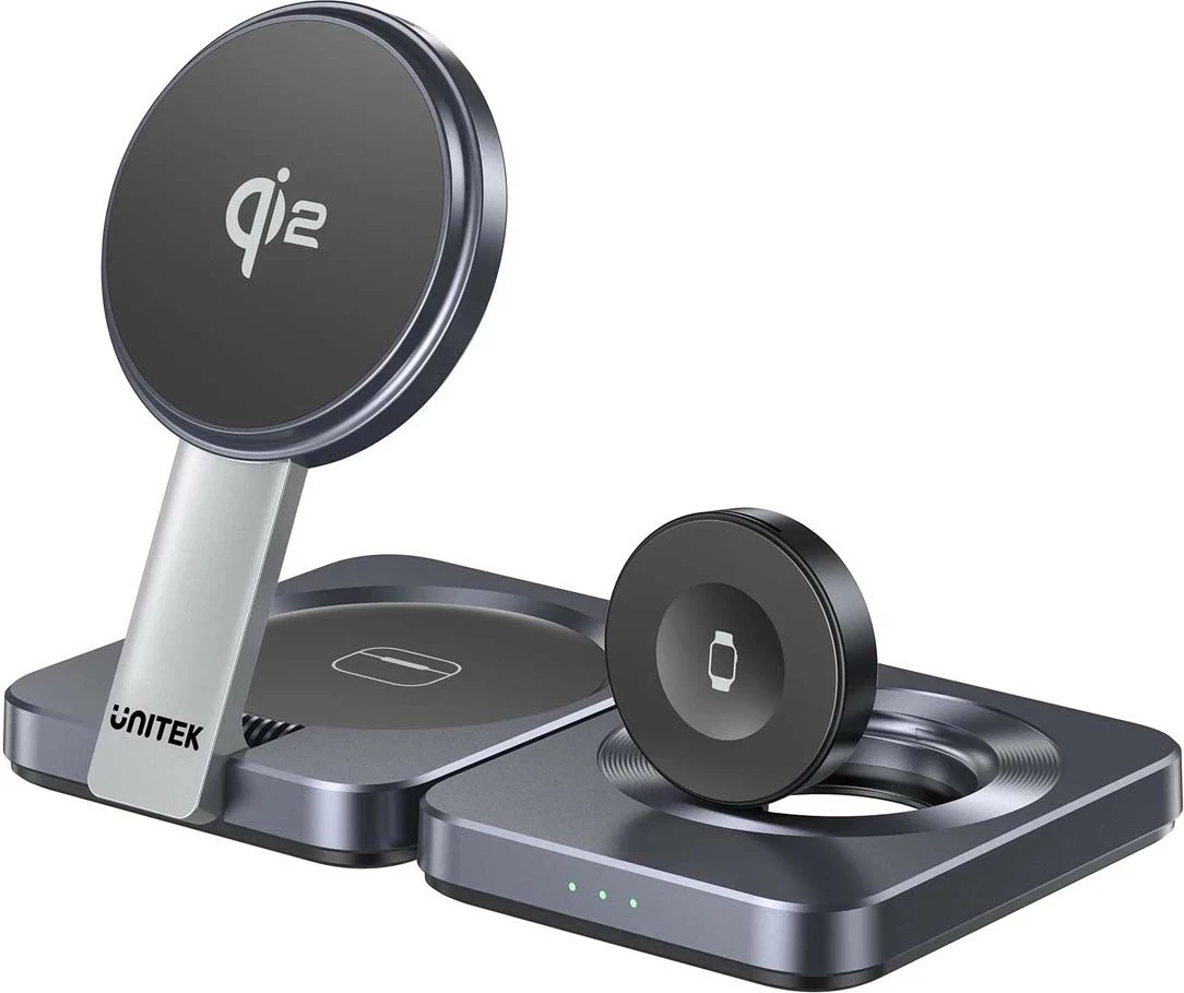 Polnilna postaja za brezžično polnjenje Qi2, 15 W, sivo — Unitek 3v1
