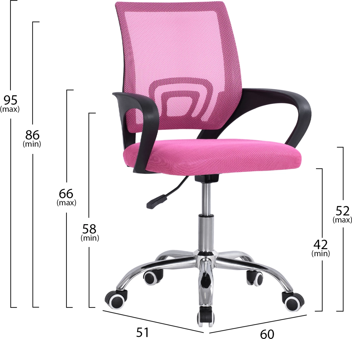 Pisarniški stol BRISTONE FH1058.35 roza mrežasta tkanina-kromirana osnova-črne roke 60x51x95Hcm