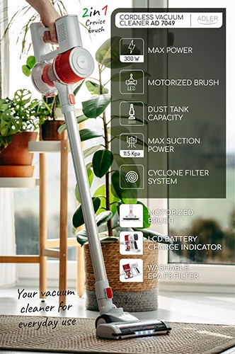 Pokončni brezžični sesalnik Adler AD 7051, 300 W, 0,6 L, 22,2 V Li-ion 2200 mAh, krtača z LED, LCD, bel/rdeč