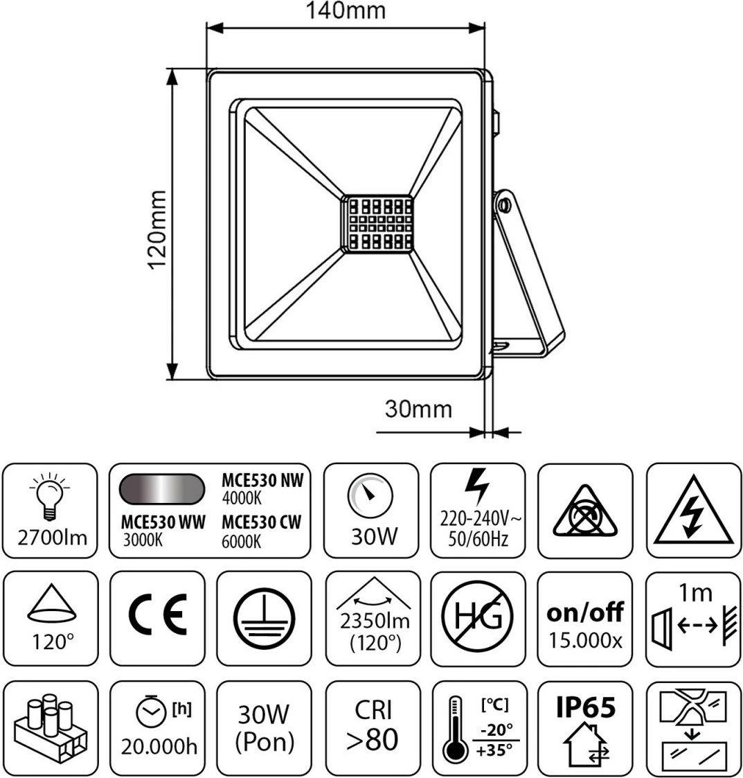 LED reflektor, 30 W, 2400 lm, hladno bela, Maclean MCE530, črn