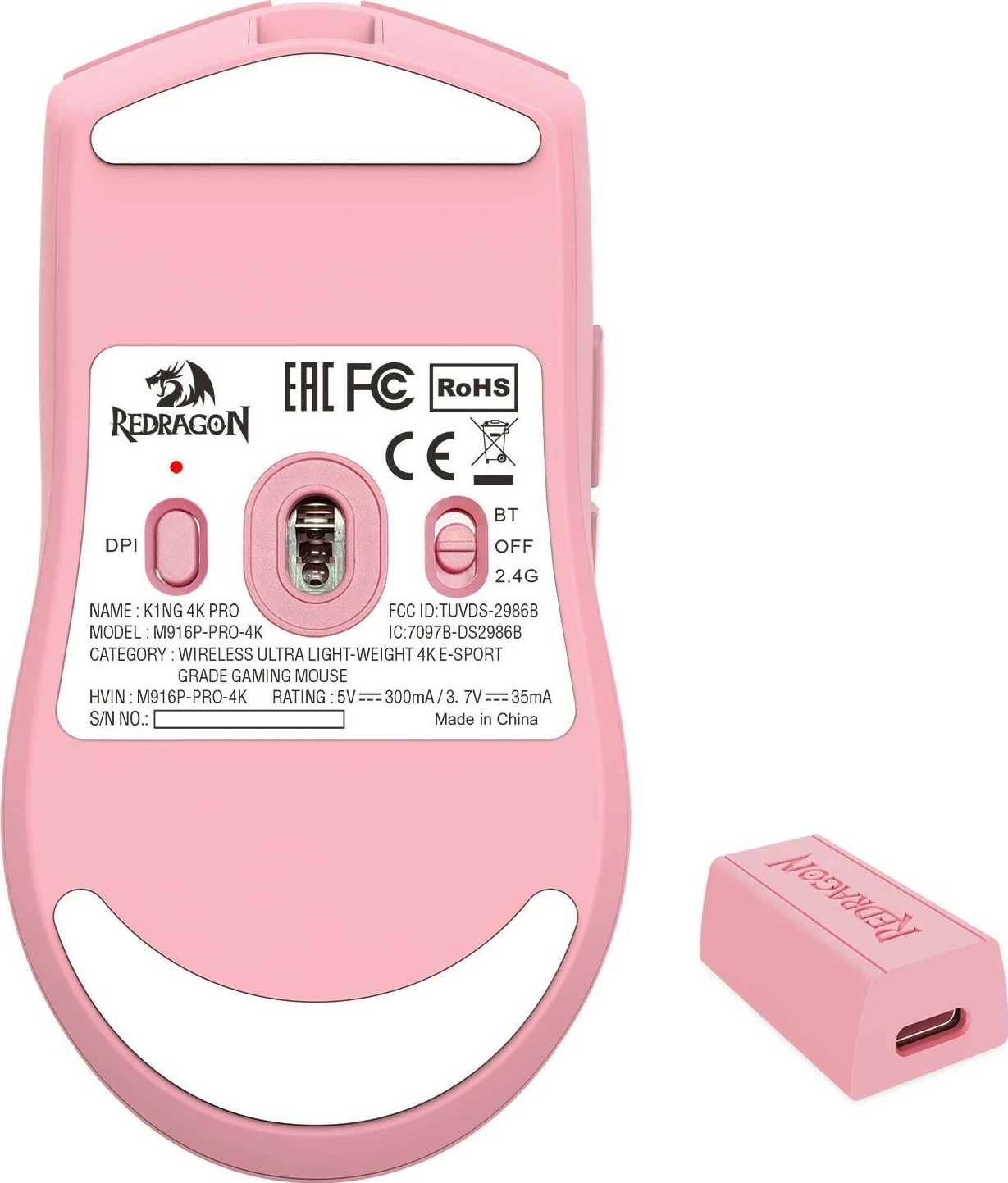 Ergonomski miš Redragon M916P-PRO-4K K1NG, brezžičen, rožnat