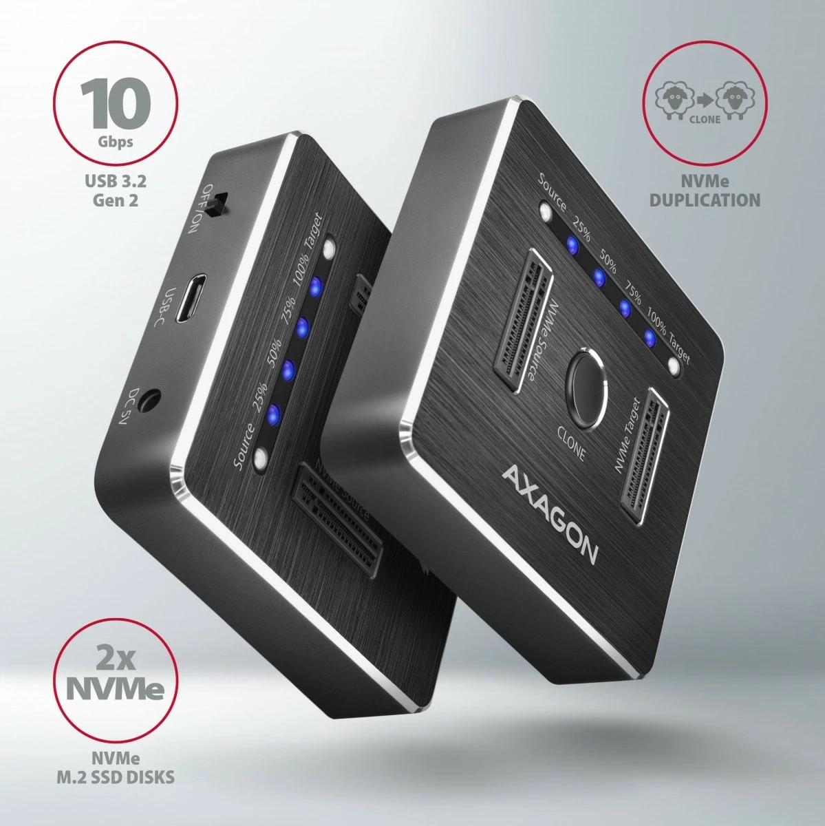 Dokacijska postaja za 2x NVMe M.2 SSD, USB-C 3.2 Gen 2, črna, AXAGON ADSA-M2C Dokacijska postaja za 2x NVMe M.2 SSD, USB-C 3.2 Gen 2, črna, AXAGON ADSA-M2C