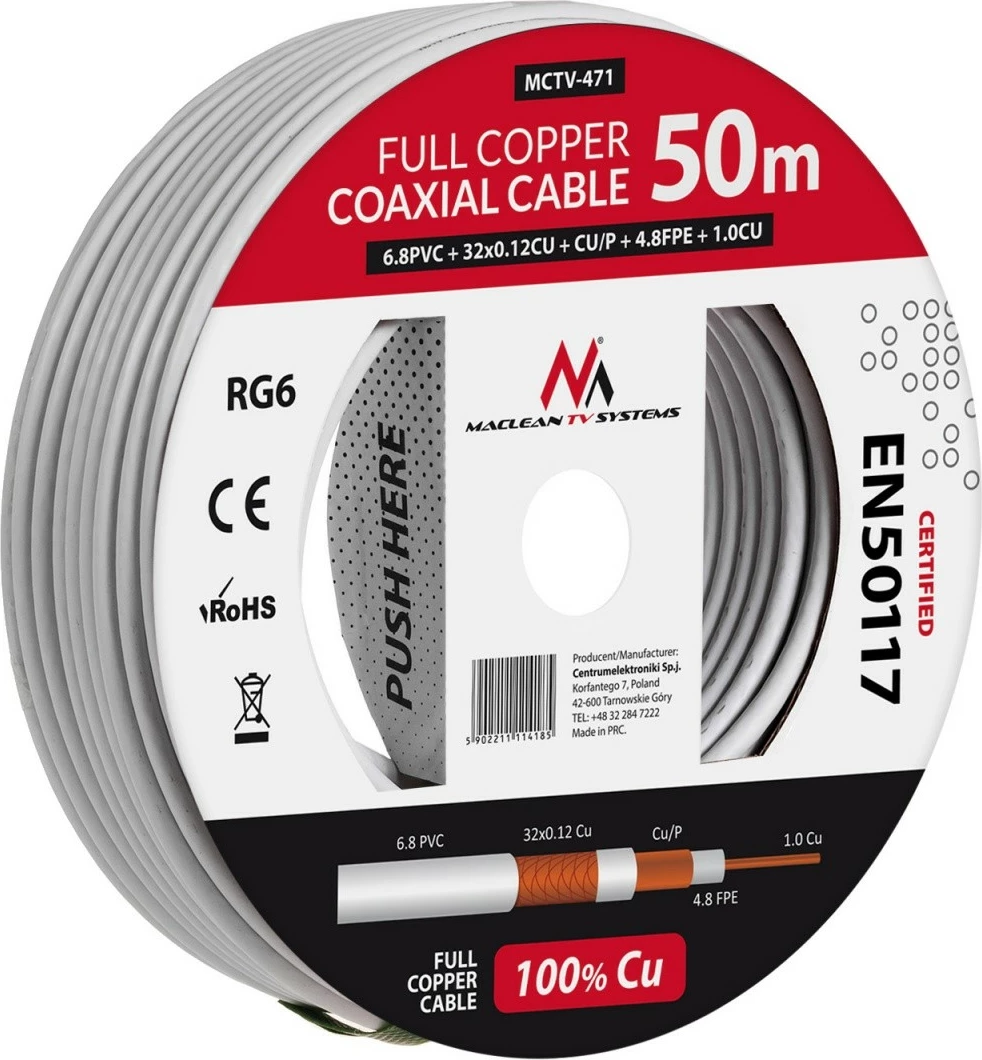 Koaksialni kabel RG6, 50 m, bel, Maclean MCTV-471