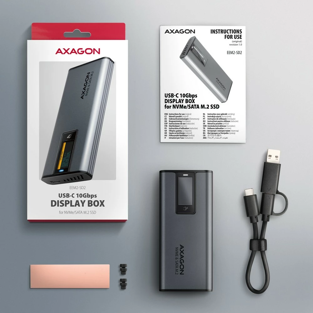 Zunanje računalniško ohišje za SSD AXAGON EEM2-SD2, M.2 NVMe/SATA, USB-A/C 3.2 Gen2, LCD zaslon, sivo Zunanje računalniško ohišje za SSD AXAGON EEM2-SD2, M.2 NVMe/SATA, USB-A/C 3.2 Gen2, LCD zaslon, sivo