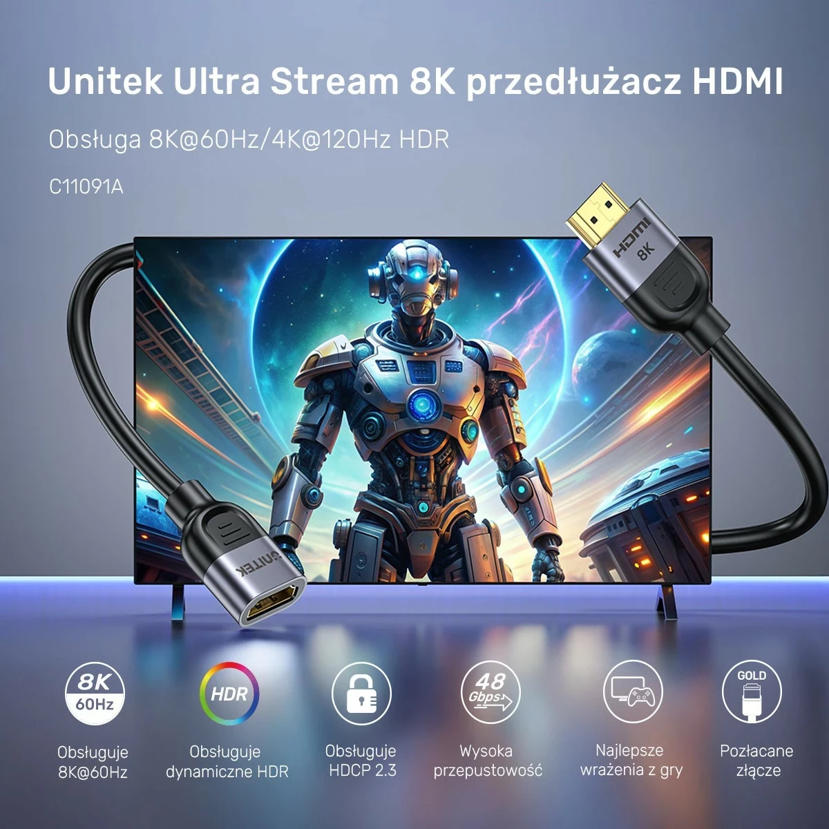 HDMI podaljšek Unitek 8K 1,5 m, srebrno-črn