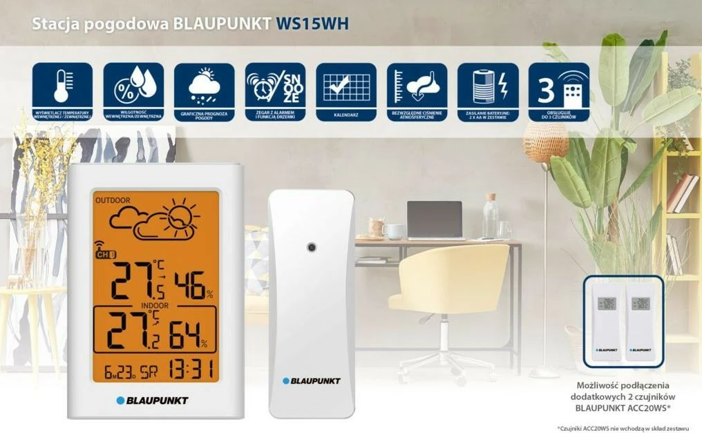Vremenska postaja z zunanjim senzorjem Blaupunkt WS15WH, bela