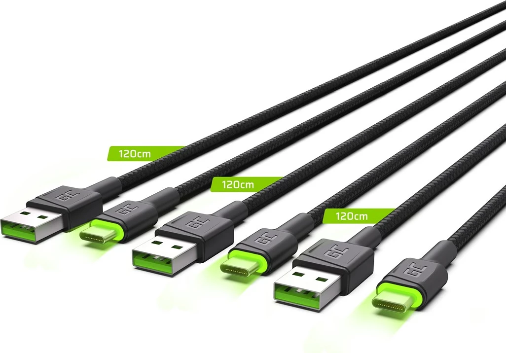USB kabel USB A na USB C, 2 m, paketno 3 kos, črn — Green Cell KABGCSET03