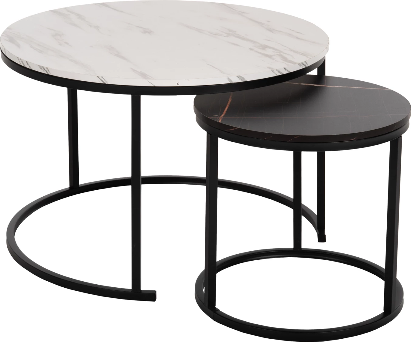 Klubska mizica FH8763.14 2-delni set MDF v videzu marmorja mešane barve s črnimi nogami Φ80-Φ48cm