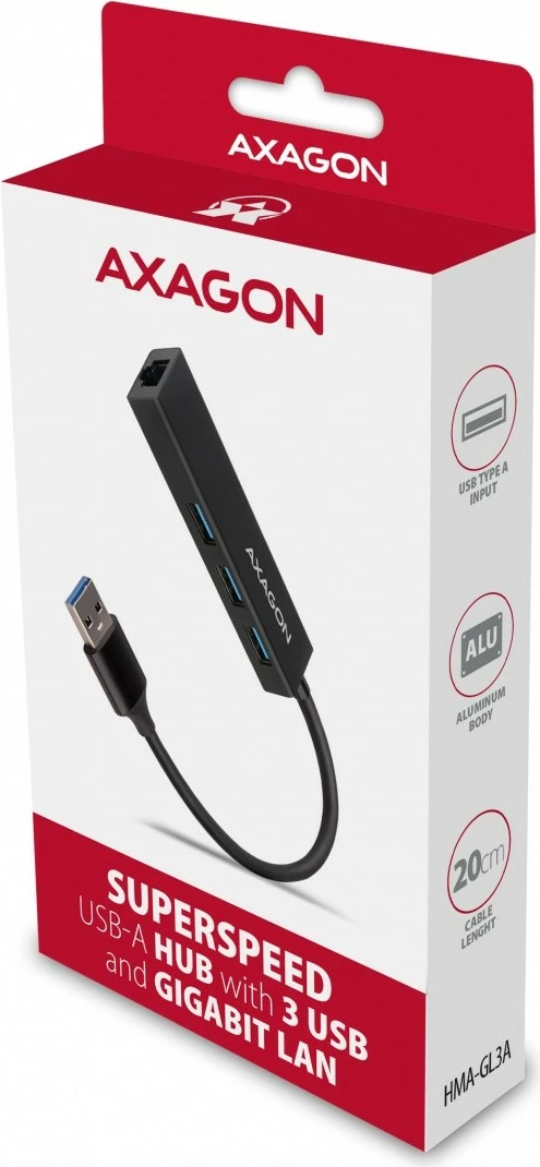 Multiport USB hub, 4 v 1, 5 Gbps, 3x USB-A + Gigabit LAN, aluminij, USB-A kabel 20 cm, črn - AXAGON HMA-GL3A Multiport USB hub, 4 v 1, 5 Gbps, 3x USB-A + Gigabit LAN, aluminij, USB-A kabel 20 cm, črn - AXAGON HMA-GL3A