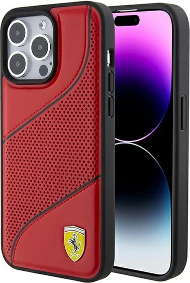 Ovitek Perforated Waves z metalnim logotipom Ferrari za iPhone 15 Pro, rdeč