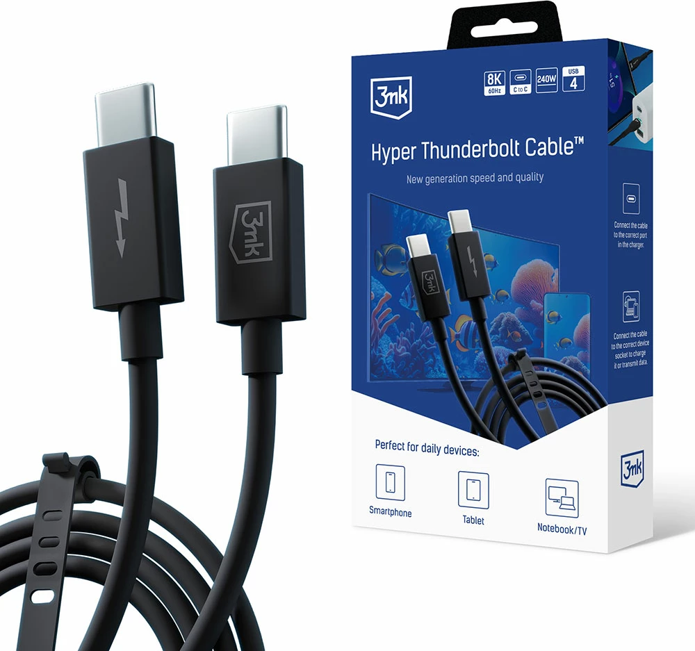 Kabel Thunderbolt USB4, 1 m, 240 W, USB-C na USB-C — Hyper 3mk, črn