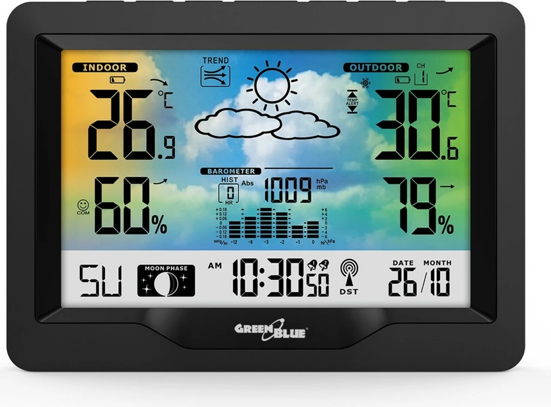 Brezžavna vremenska postaja z indikatorjem udobja GreenBlue GB540N, meritev vlažnosti, lunine faze, ura DCF, črna