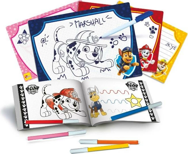 Set za risanje Paw Patrol Lisciani, 4 izbrisne tablice, marker, zvezek z vajami