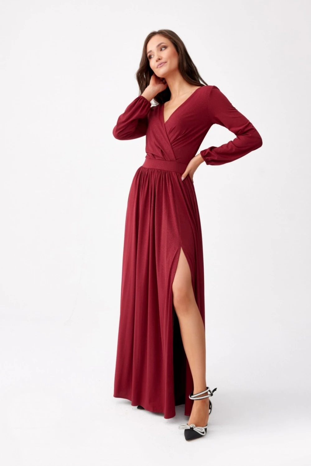 Maxi brokaten večerni ženski kroj, Roco Fashion 186671, rdeč