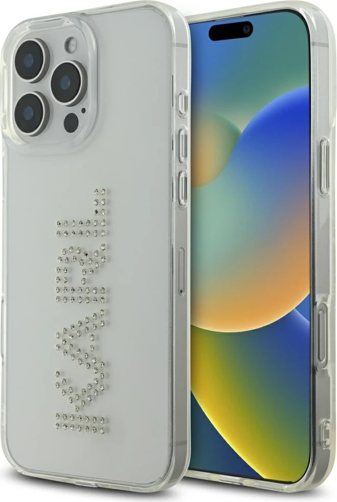 Ovitek za telefon z logotipom okrašenim z rhinestones, Karl Lagerfeld IML, za iPhone 16 Pro, prozoren