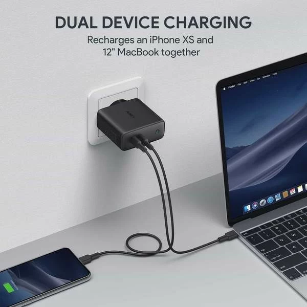 Karikues zidu AUKEY PA-D5, 2x USB-C Power Delivery 3.0, 63W, črn