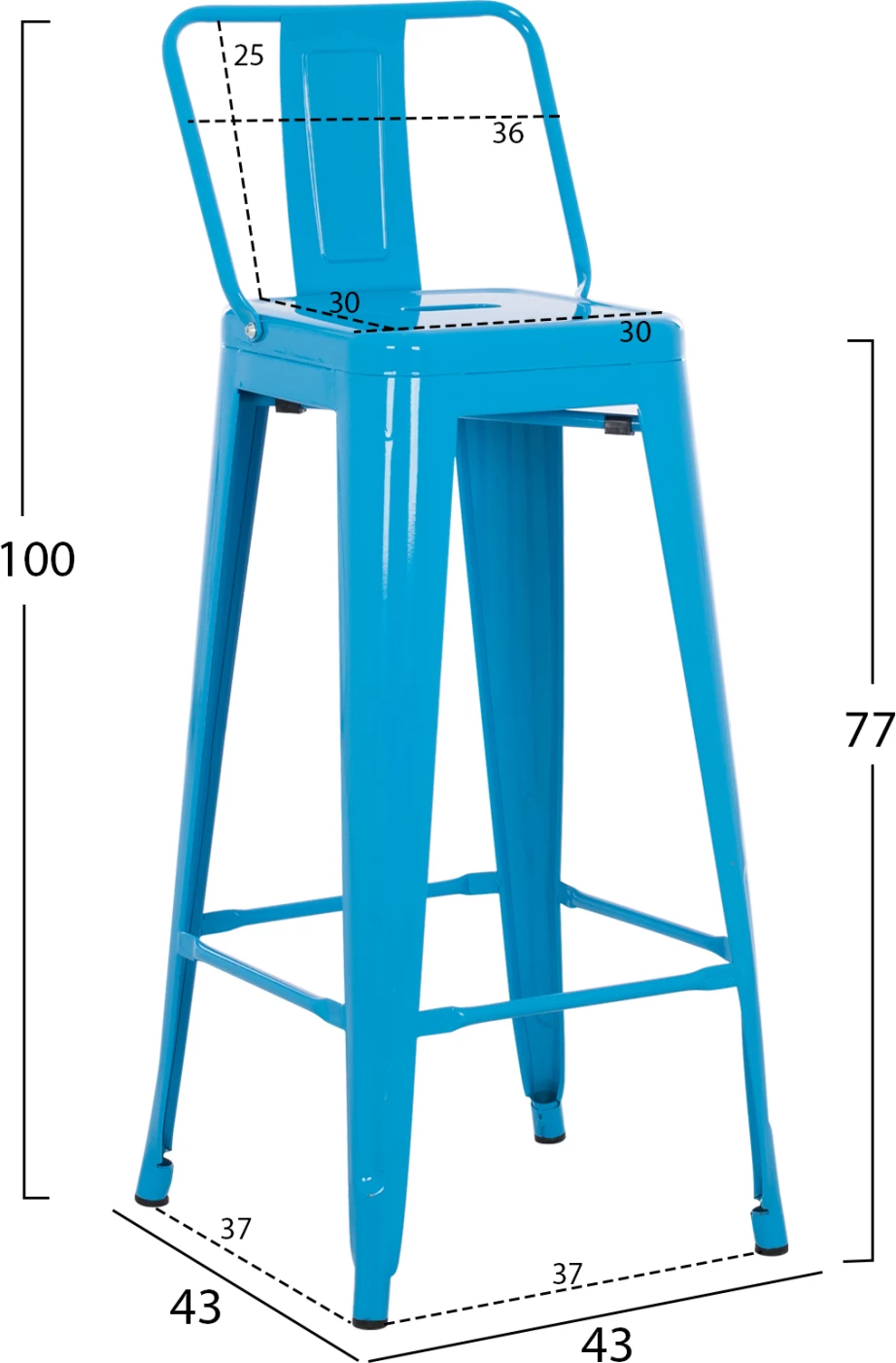 Kovinski barski stol Melita z naslonom v modri barvi FH8643.08 43x43x100 cm