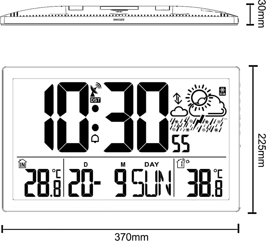 Stenska ura z velikim LCD zaslonom GreenBlue GB218, vremenska postaja, črna