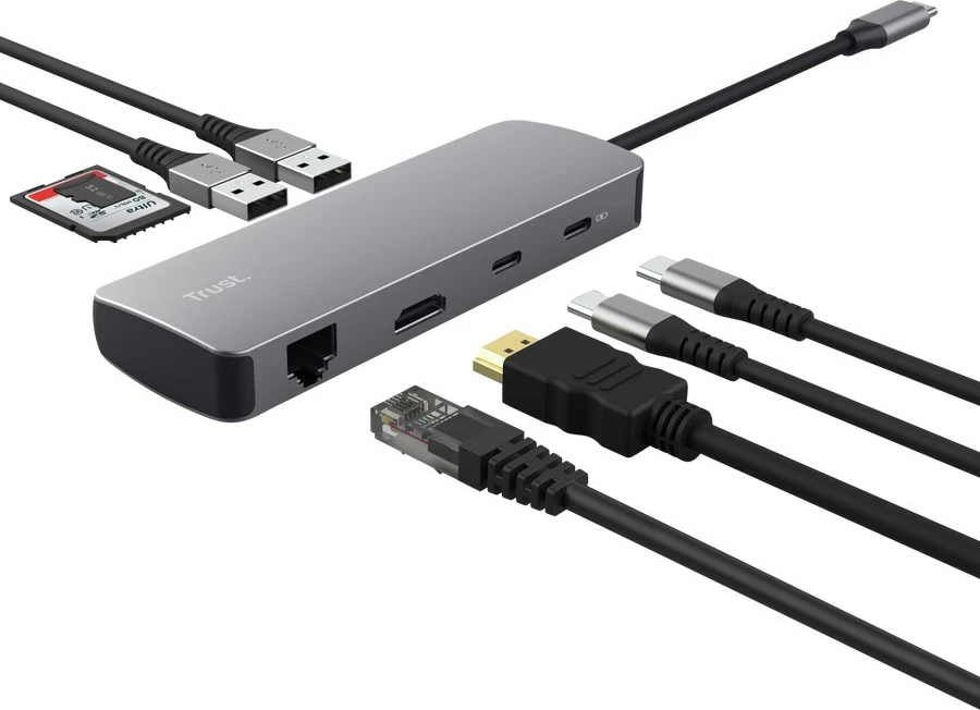 USB-C razdelilnik, 8 vrat, siv, Trust 25672