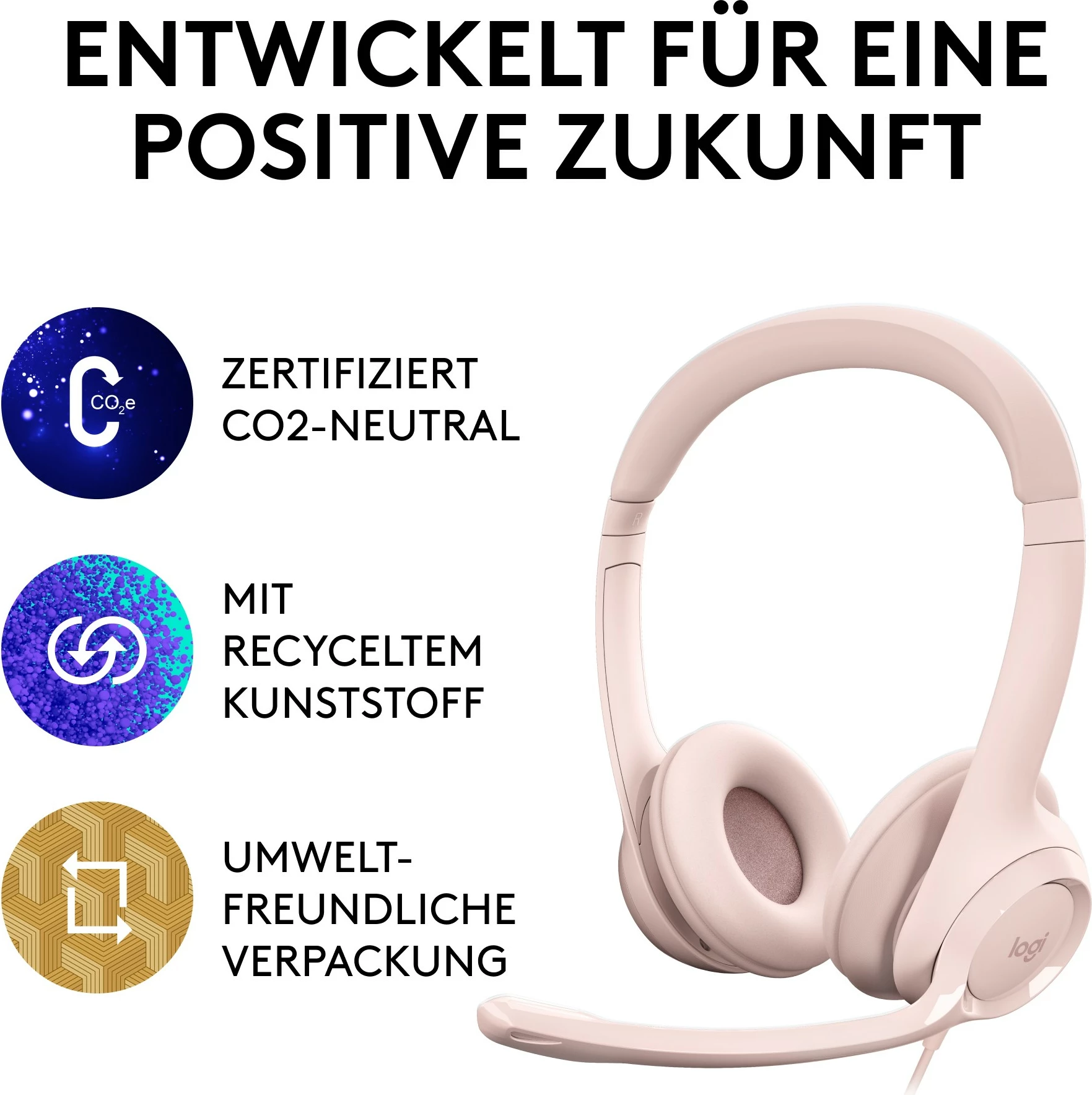 Kabelske slušalke z mikrofonom, Logitech H390, USB-A, roza