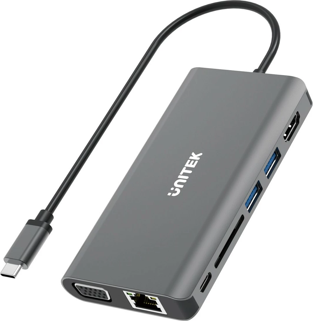 Razširitveni hub USB-C 8-v-1, Unitek D1019B, HDMI, VGA, RJ45, SD, PD 100W, siv
