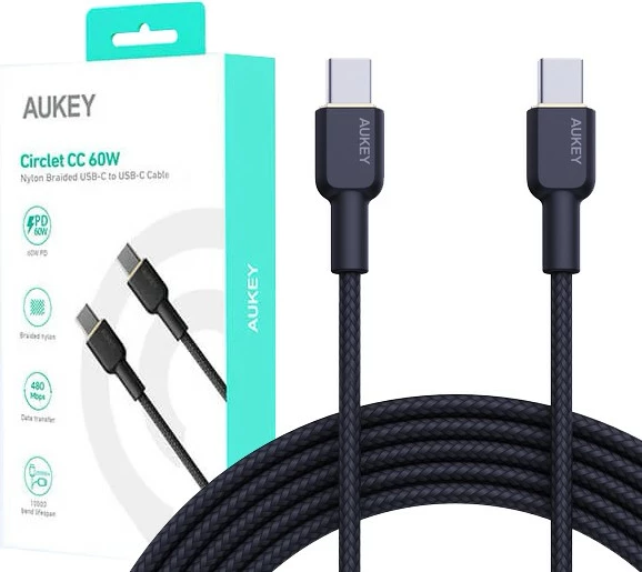 USB-C kabel AUKEY CB-NCC2, USB-C na USB-C, 1,8 m, 60W, najlon, črn
