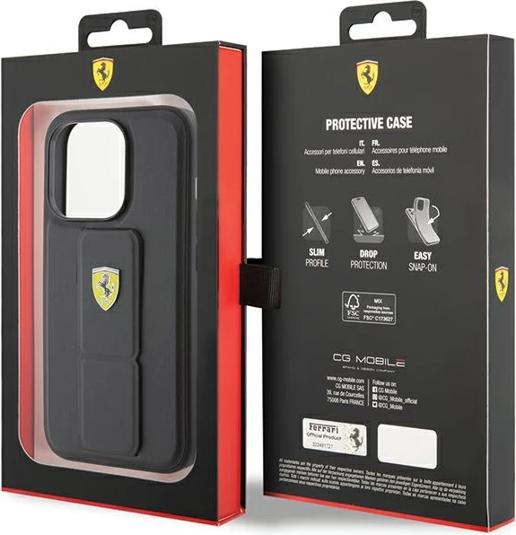Ovitek za telefon Grip Stand z metalnim logotipom Ferrari za iPhone 15 Pro Max, črn