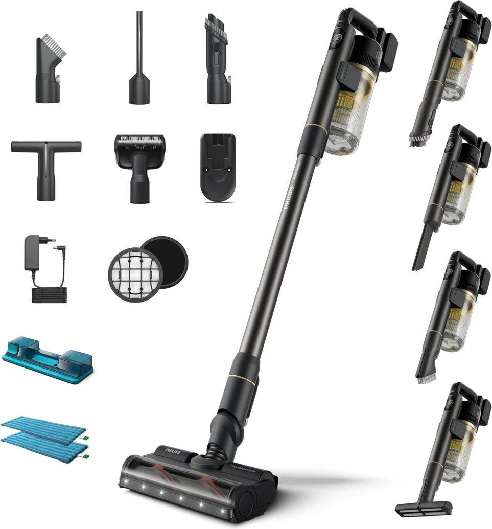 Brezžični pokončni sesalnik za suho in mokro čiščenje, Philips 7000 series Aqua XC7057/01, 0,6 L, Li-Ion, črn