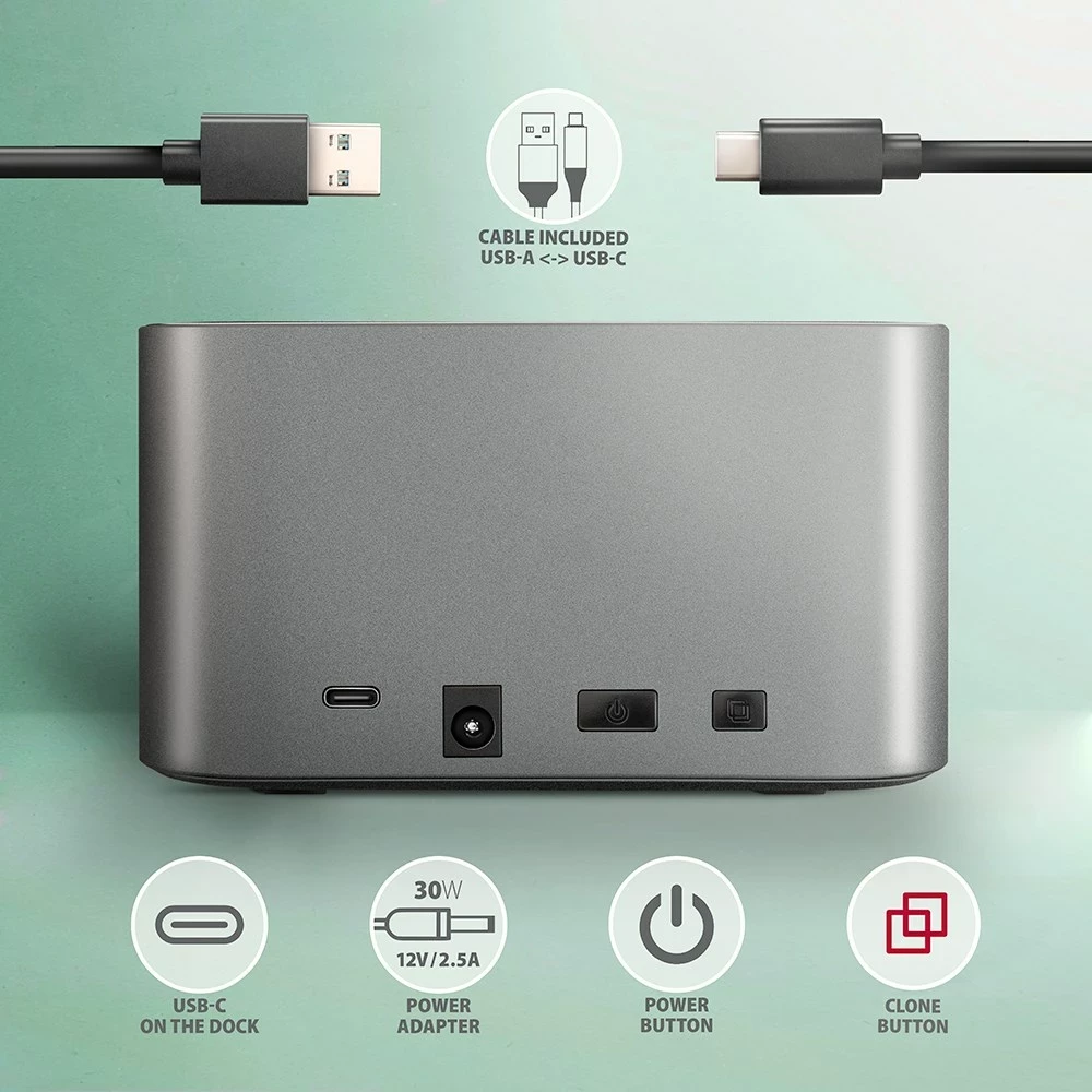 Doks za diske AXAGON ADSA-DC, USB 3.2 Gen 1, 2x SATA 6G, siv Doks za diske AXAGON ADSA-DC, USB 3.2 Gen 1, 2x SATA 6G, siv