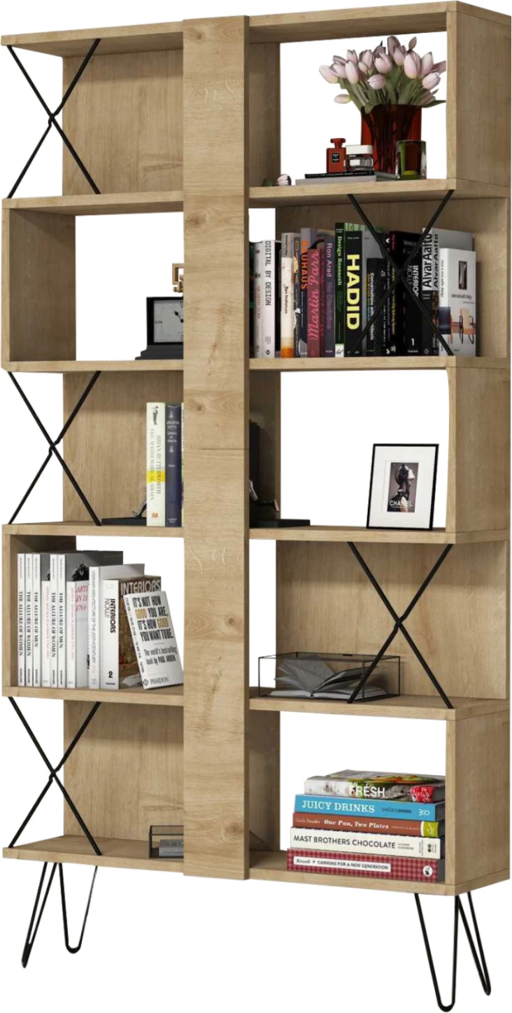 Knjižna omara iz melamina FH9496.01 naravna barva hrasta-črne kovinske noge 90x22x167.3Hcm