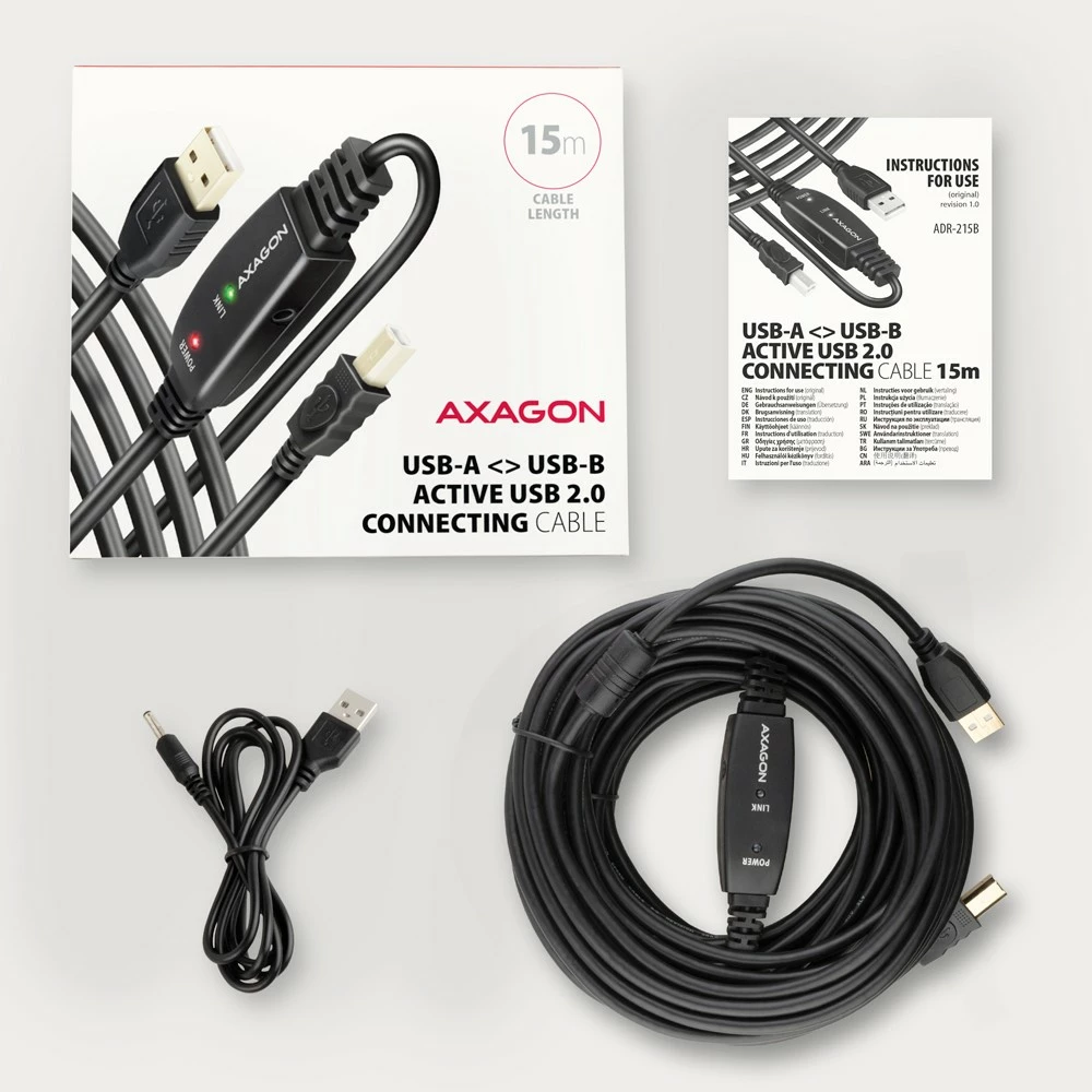 Aktivni USB 2.0 kabel, AXAGON ADR-215B, 15 m, črn Aktivni USB 2.0 kabel, AXAGON ADR-215B, 15 m, črn