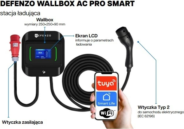 Polnilnik za električna vozila DEFENZO WALLBOX PRO AC22, 22 kW, Bluetooth, Wi‑Fi, zaslon, črn