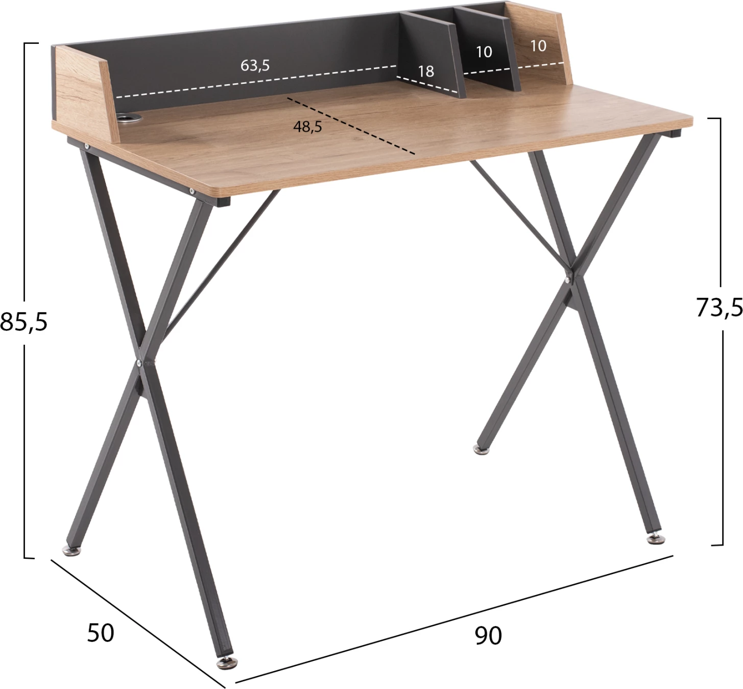 Pisarniška miza FH9320 kovinsko temno siva z MDF namizjem v barvi hrasta 90Χ50Χ73.5-85.5H cm