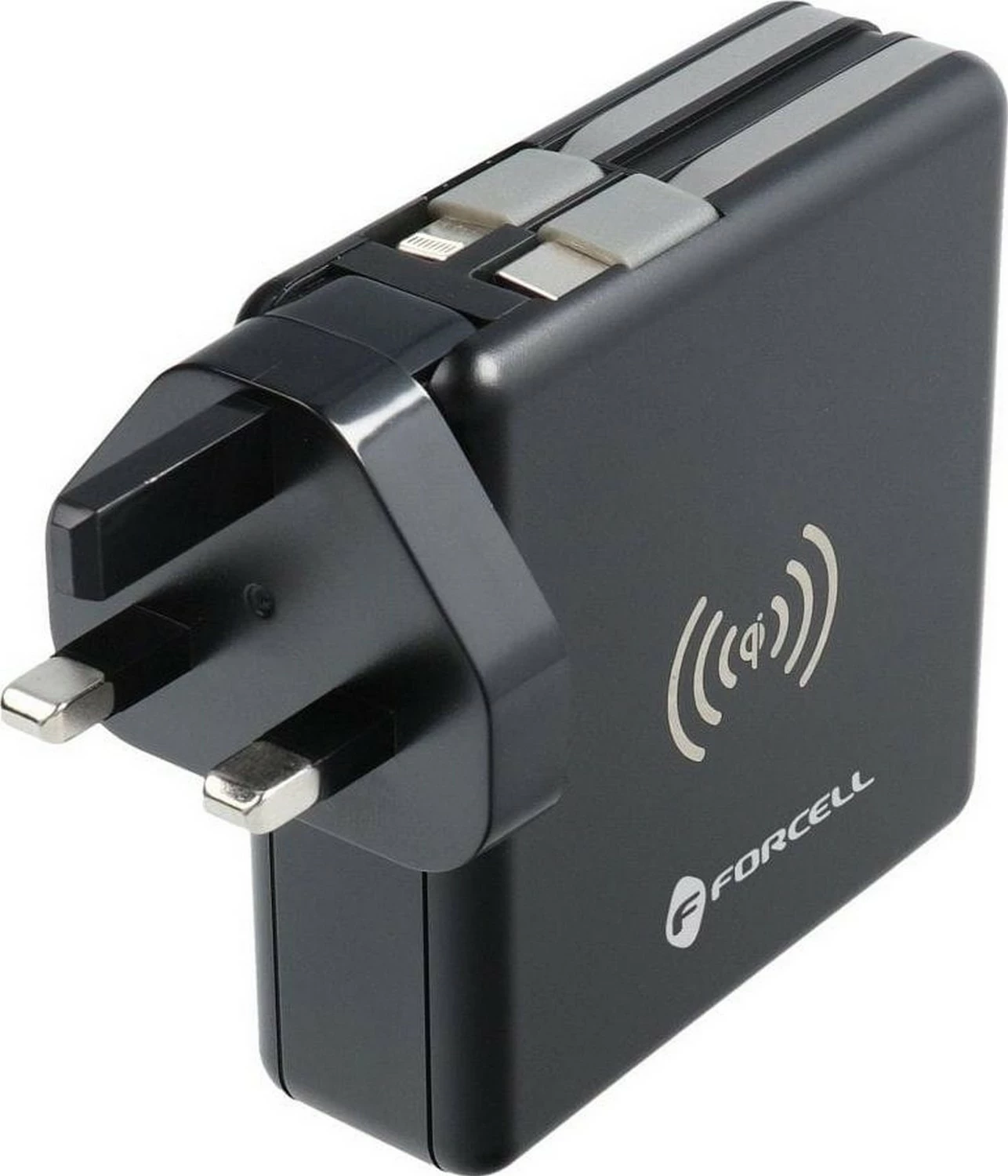 Multifunkcijski polnilec Forcell F-ENERGY 5v1, 10000 mAh, 20W PD, brezžični 15W, s kablom Type-C/Lightning, črn