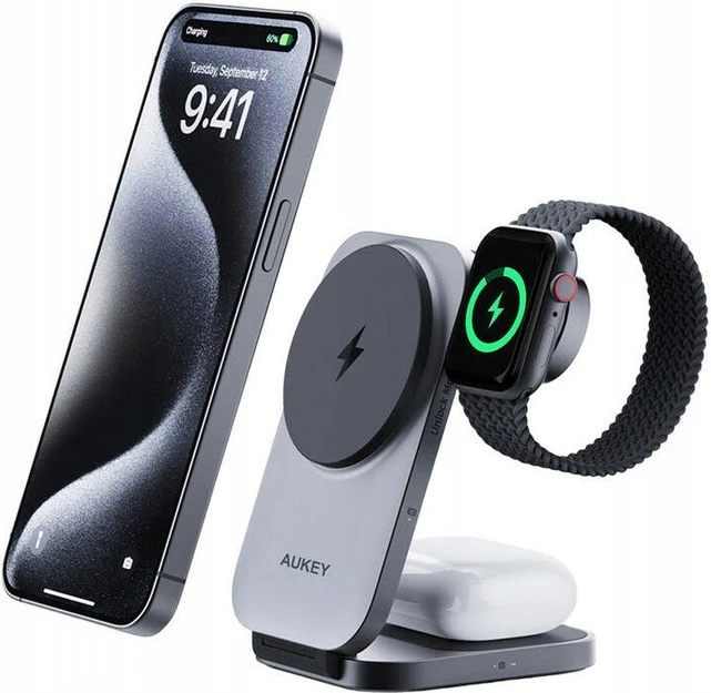 Brezžični 3-v-1 polnilec AUKEY LC-MC312 MagSafe Qi2, 15W + PD 30W, siv, s torbico za prenašanje